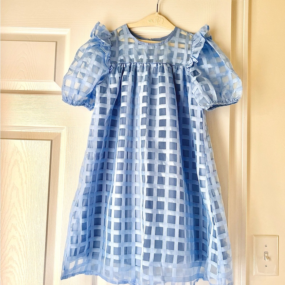 Light Blue Grid Puff Sleeve Party Dress wedding Easter Birthday Blue